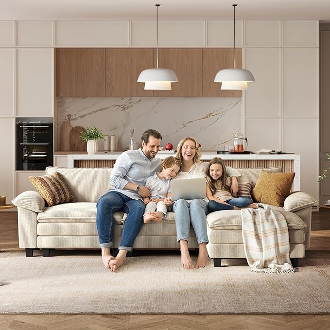 LINSY HOME 123" Modular L-Shaped Sectional Sofa, 3-Seat Corduroy Modern Cloud Couch with Deep Seat & 1 Movable Ottoman, Perfect for Living Room, Office, Bedroom, Beige