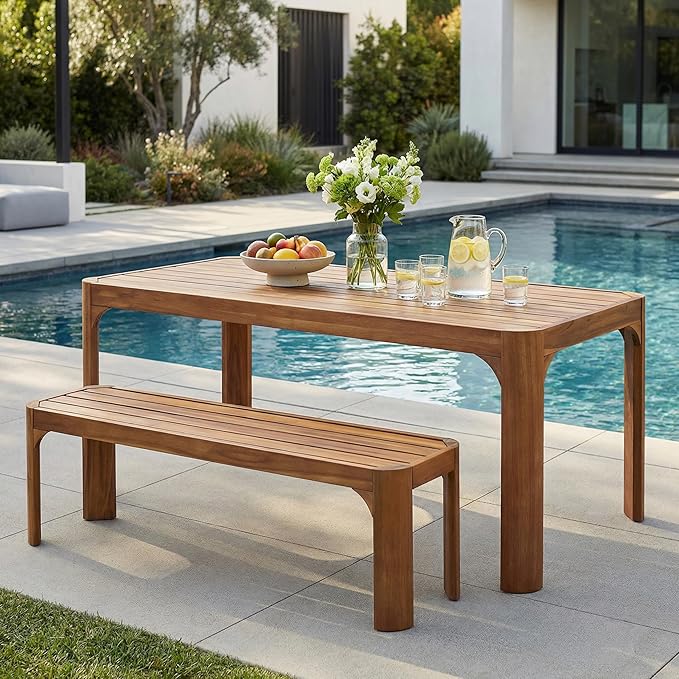 Christopher Knight Home Outdoor Dining Table Set with Bench, 70" Acacia Wood Patio Table and 57" Bench, Teak Finish Slatted Garden Furniture for Deck Backyard Seating