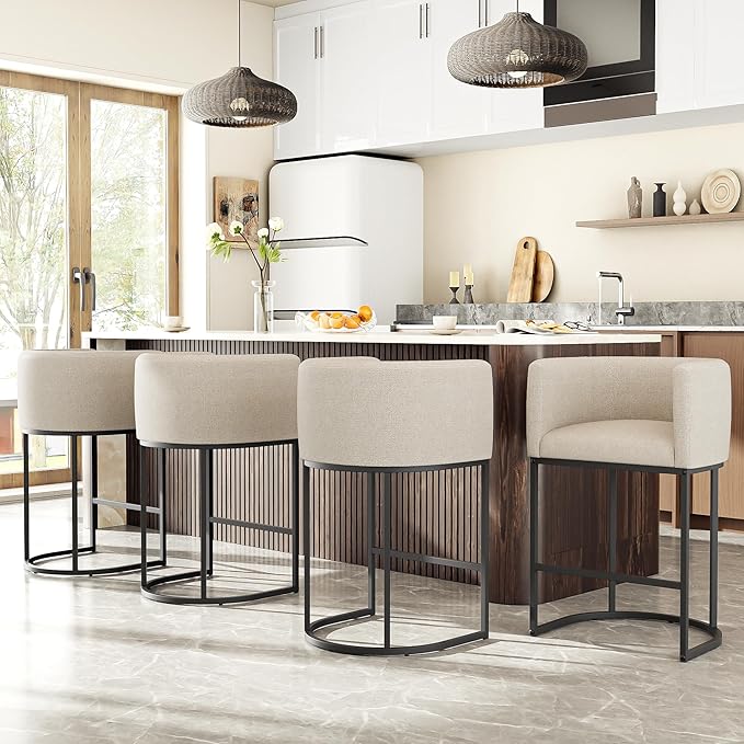 26" H Counter Height Bar Stools Set of 1, Modern Barrel Counter Stools with Backrest and Arms, Linen Fabric Upholstered Accent Barstools for Kitchen Island,Support 450 LBS (Beige)