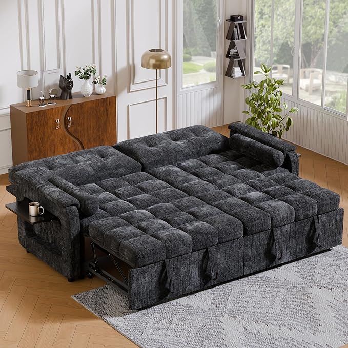 Convertible Sleeper Sofa Bed, 86 Inch Chenille Pull Out Couch with Side Table & Adjustable Backrest, Sectional Sleeper Sofa with Pull Out Bed for Living Room, Apartment, Black