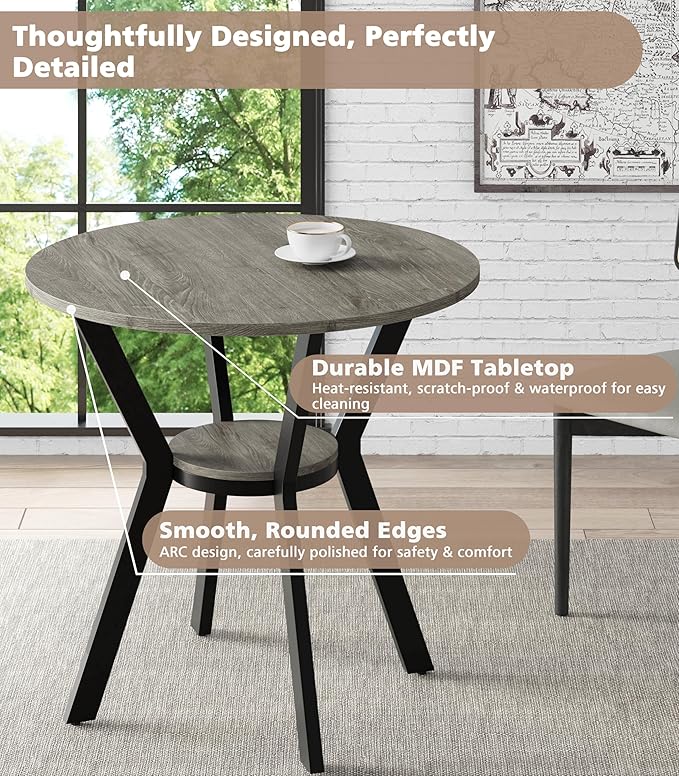 MECHYIN Round Dining Table for 2–4,31.5" Small Kitchen Table with Storage, Rustic Wood Table with Metal Legs, Space Saving Dining Table for Kitchen, Office, Dining Room, Apartment or Studio