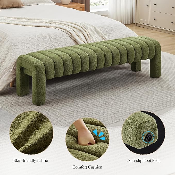 63’’ Bedroom Bench, Upholstered End of Bed Bench with Solid Wood Legs, Modern Cushioned Dining Bench with Full Covered Fabrics for Entryway, Bedroom, Living Room (Green, Boucle)