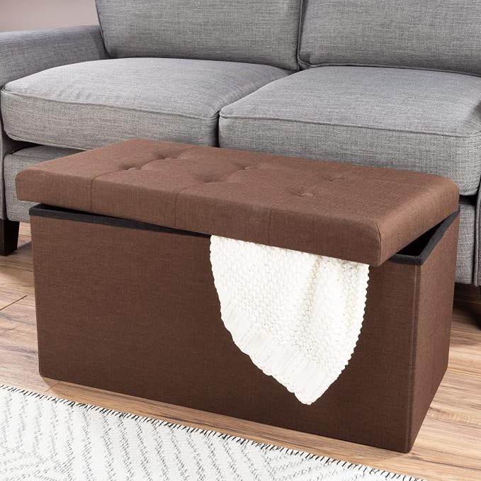 Lavish Home Folding Storage Ottoman - 30-Inch Tufted Footrest, Linen Chest, or Bench with Removable Bin for Living Room, Bedroom, or Dorm (Brown)