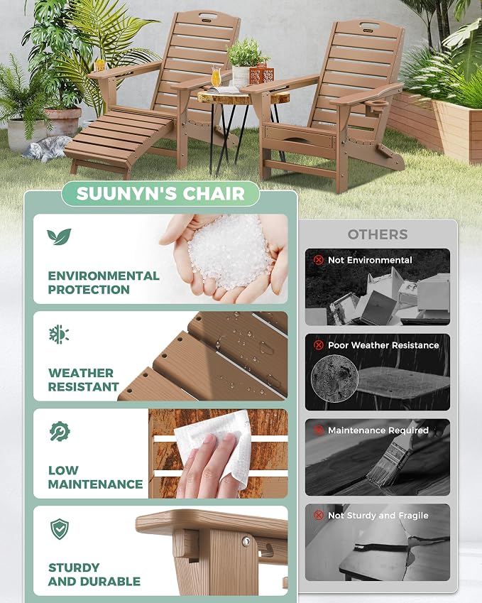 Adjustable Adirondack Chairs Set of 6 with Retractable Ottoman, HDPE Folding Adirondack Chair with Cup Holders, Weather Resistant for Backyard, Poolside & Fire Pit (Teak)