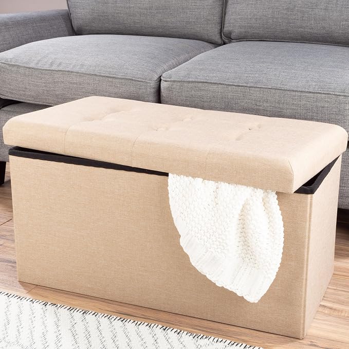 Lavish Home Folding Storage Ottoman - Set of 2 30-Inch Tufted Footrest, Linen Chest, or Bench with Removable Bin for Living Room, Bedroom, or Dorm (Beige)