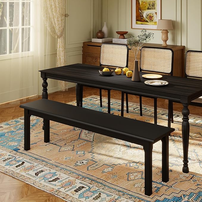 Dining Bench 63" Wood Solid Oak Wooden Bed End/Entryway Bench for Bedroom Living Room Kitchen(Black)