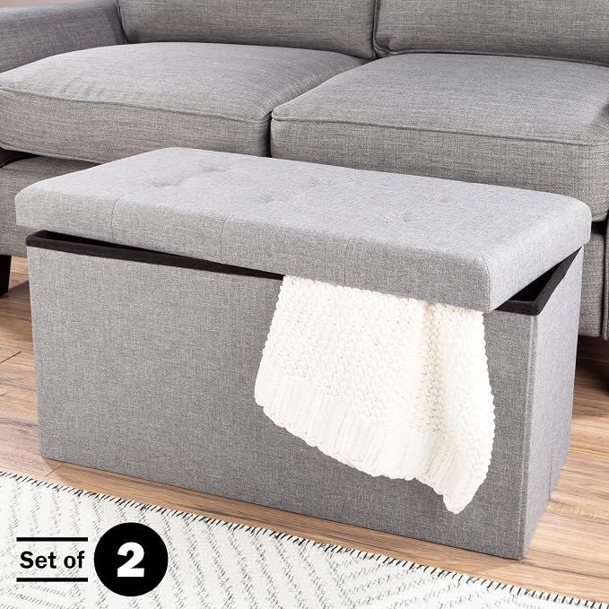 Lavish Home Folding Storage Ottoman - Set of 2 30-Inch Tufted Footrest, Linen Chest, or Bench with Removable Bin for Living Room, Bedroom, or Dorm (Light Gray)