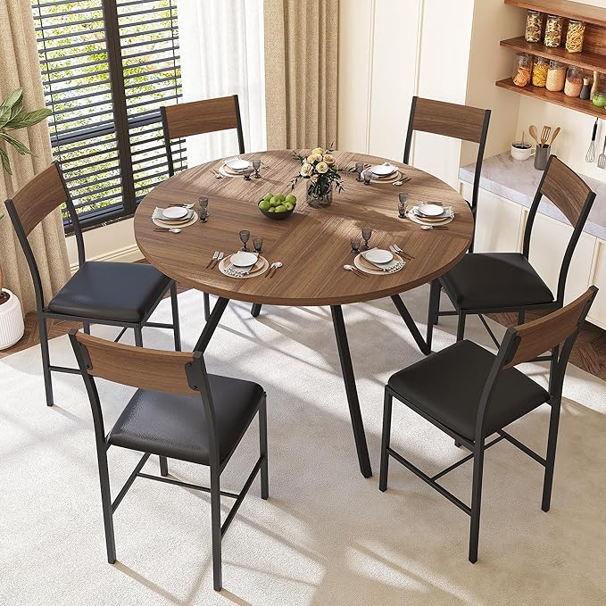 Pamapic 47'' Round Dining Table Set for 6, Kitchen Table and Chairs for 6, Dining Room Circle Dinner Pedestal Table, Solid Metal Frame,Space Saving Wood Small Kitchen & Dining Room Furniture,Walnut