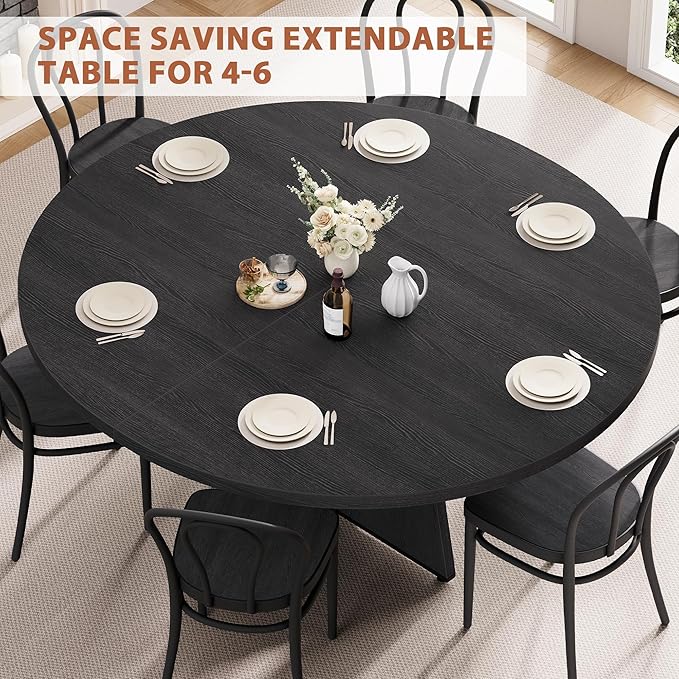 Extendable Dining Table, Round Kitchen Dining Room Dinner Table with for 4 6 8 People, Space Saving Modern Oval Expandale Furniture with Storage and Pedestal for Kitchen Living Room (Black)