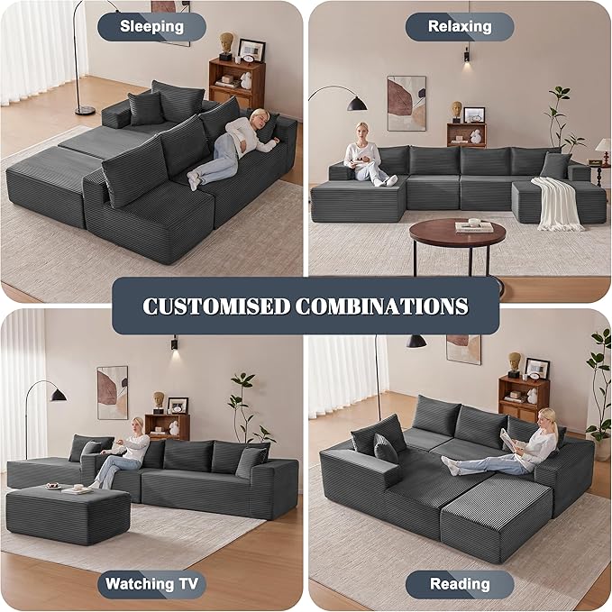 Mangodan 140” Cloud Sectional Couch, Modular Sectional Sofa with Deep Seat, Boneless Sofa for Living Room, Fluffy Comfy U-Shaped Couch with Left Facing Chaise, No Assembly Required, Grey