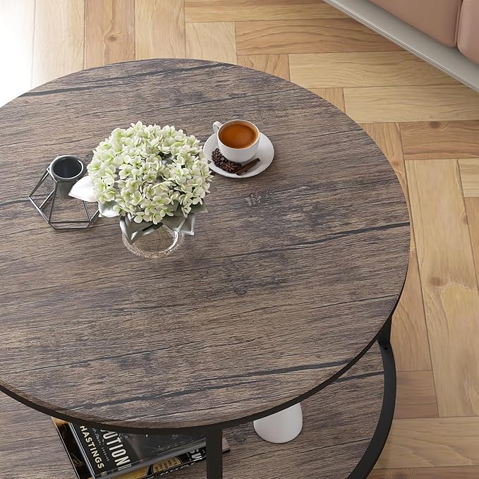 NSdirect Round Coffee Table, 27.5" Small Coffee Table for Living Room,2-Tier Rustic Wood Desktop with Storage Shelf Modern Design Home Furniture(Light Walnut)
