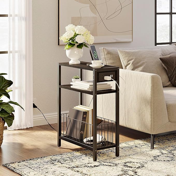 TRIFEBLE Narrow Side Table with Charging Station, Small End Table for Small Spaces, Slim Nightstand with Storage Basket, 3 Tier Skinny Bedside Table for Living Room, Bedroom, Black