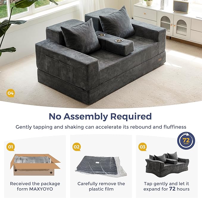MAXYOYO Loveseat Sofa Bed, 64" Foldable Floor Sofa Couch in A Box with 2 Cup Holders, 4 in 1 Convertible Boneless Couch Folding Recliner Sleeper Chair for Living Room,Charcoal Grey