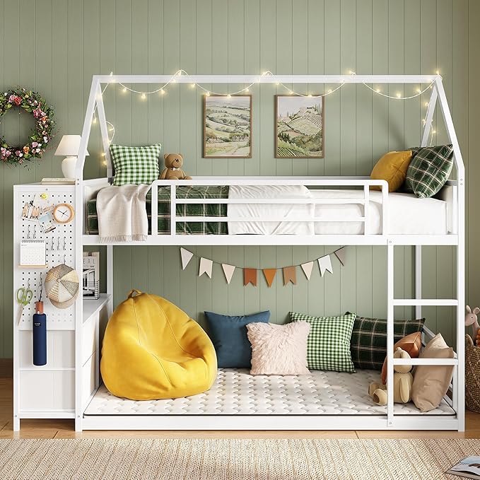 LIKIMIO Bunk Bed Twin Over Twin, House Bed Frame with 6 Storage Drawers,Hall Tree, Twin Bed with Metal Slats for Dormitory and Bedroom, Space Saving, No Box Spring Needed, White