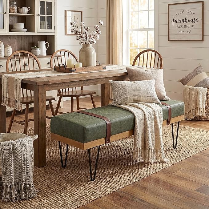 DUOMAY Industrial Modern PU Rectangle Ottoman Bench with PU Strap and Metal Legs, Mid Century Dining Table Bench Footstool Entryway Shoe Bench for Bedroom Dining Room Living Room, Green