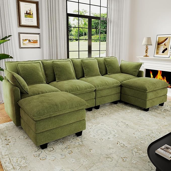 107" Cloud Couch Sectional, U Shaped Modular Sectional Sofa, 4-Seat Deep Seat Couch with 6 Removable Washable Pillows and 2 Ottoman for Living Room, Bedroom, Apartment, Green