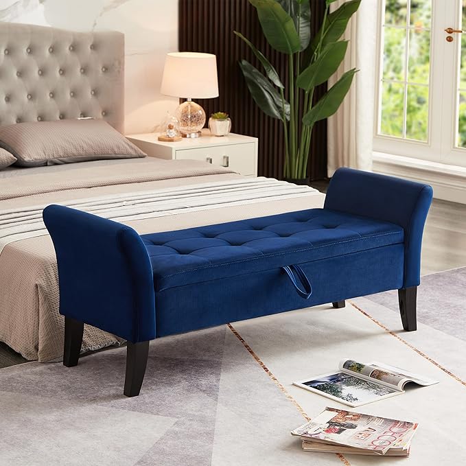 Furniliving Storage Ottoman Bench, Velvet Benches End of Bed Bench with Solid Wood Legs Upholstered Ottoman with Storage Indoor Bench for Living Room with Rolled Arm, Entryway, NavyBlue