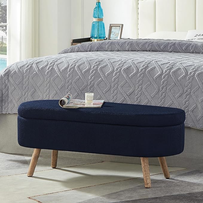 42.25" Ottoman with Storage, Storage Ottoman Bench with Safety Hinge, Foam End of Bed Bench, Upholstered Entryway Bench for Bedroom, Living Room & Window, Holds up to 330 lb, Navy Bule