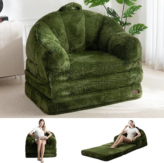 MAXYOYO Folding Sofa Bed, 2 in 1 Convertible Sofa to Lounger Comfy Single Bean Bag Chair for Adults, Floor Sleeper Couch with Handle, Faux Fur Couch Bed for Living Room Bedroom, Green