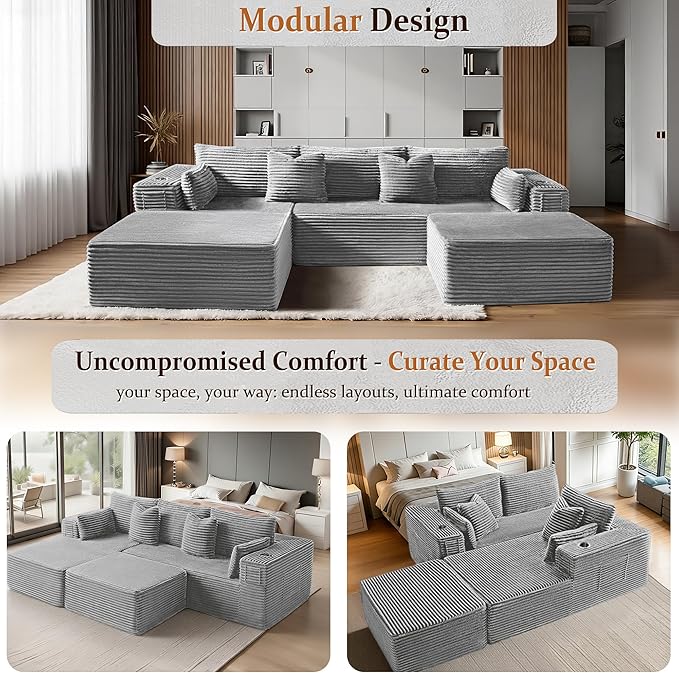 108" Oversized Cloud Sectional Couch, Comfort U Shaped Boneless Couch for Living Room, Extra Deep Seats No Assembly, Modular Sofa, Corduroy (Light Grey, 2 Seater+Right Facing Chaise+Ottoman)