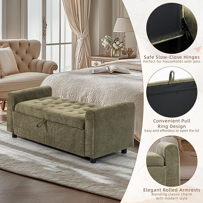 48" Ottoman with Storage, Tufted Storage Ottoman Bench, Convenient Living Room Fabrics Bench Seat, Entryway Shoe Benches with Inner Zipper & Arm, Rivetless Upholstered Window Seat Ottomans, Green