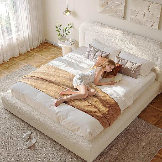 Homkdom Cloud Bed Frame with Headboard, Upholstered Soft Queen Bed Frame with Round Edges, Boucle Platform Bed for Modern Bedrooms & Apartment & Guest Rooms, No Box Spring Needed,Beige