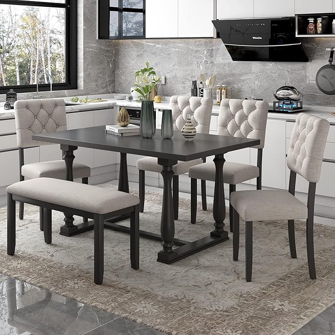 Harper & Bright Designs 6-Piece Dining Table and Chair Set with Special-Shaped Legs and Foam-Covered Seat Backs&Cushions for Dining Room (Gary)