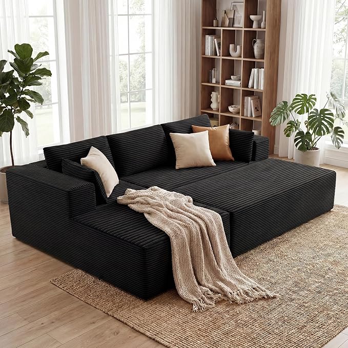 GRUSIGN 106" Oversized Sectional Boneless Sleeper Sofa Bed Couches for Living Room, Modular L Shaped Couch with Left Facing Chaise & Big Ottoman, Compressed Spineless Corduroy Cloud Sofas, Black | Deep Seat