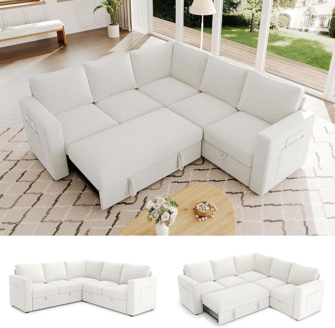 83.5" Sectional Sleeper Sofa with Pull Out Couch, Modern 5 Seat L Shaped Modular Couch, Sectionals Modular Sofa with Storage, Comfy Sectional Couches for Living Room & Apartment,Light Beige