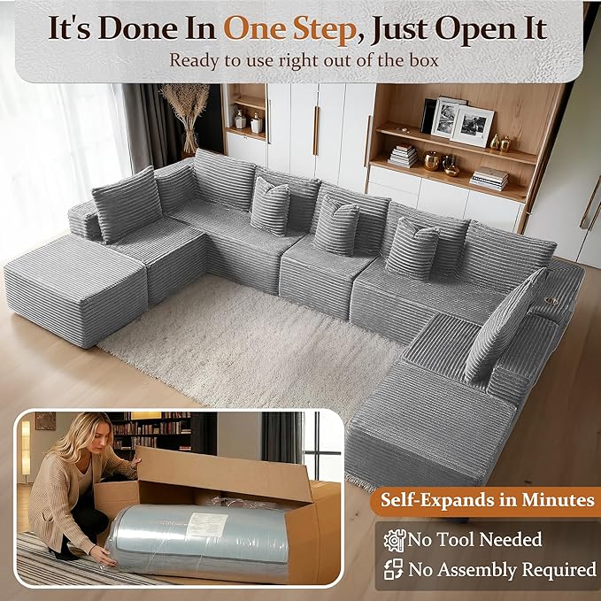 168" Cloud Sectional Couch, Comfort U Shaped Sofa for Living Room, Extra Deep Seats No Assembly, Minimalist Modular Couch, Corduroy (Light Grey, 9 Seats,U-Shape A)