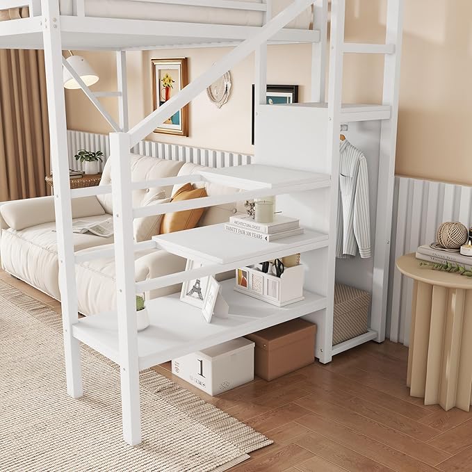 KEIKI Twin Size Metal Loft Bed Frame with Convertible Staircase, Built-in Storage Shelves & Wardrobe, Loft Bed with Solid Slats & Guardrail, No Box Spring Required, Easy Assembly, for Bedroom, White