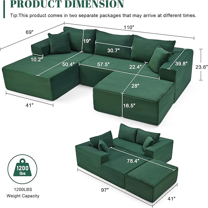 Mangodan 110” Cloud Sectional Couch, Modular Sectional Sofa with Deep Seat, Boneless Sofa for Living Room, Fluffy Comfy U-Shaped Couch with Left Facing Chaise, No Assembly Required, Green