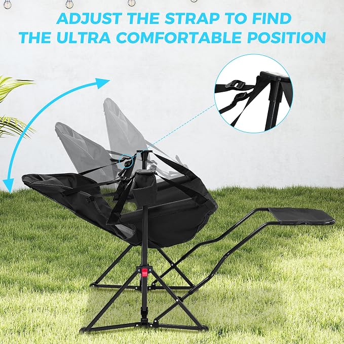 Ainfox Hammock Camping Chair with Footrest, Oversized Folding Swinging Chair for Adults, Rocking Portable Camp with Cup Holder Pillow for Outdoor Patio Lawn Poolside (Matt Black‌)