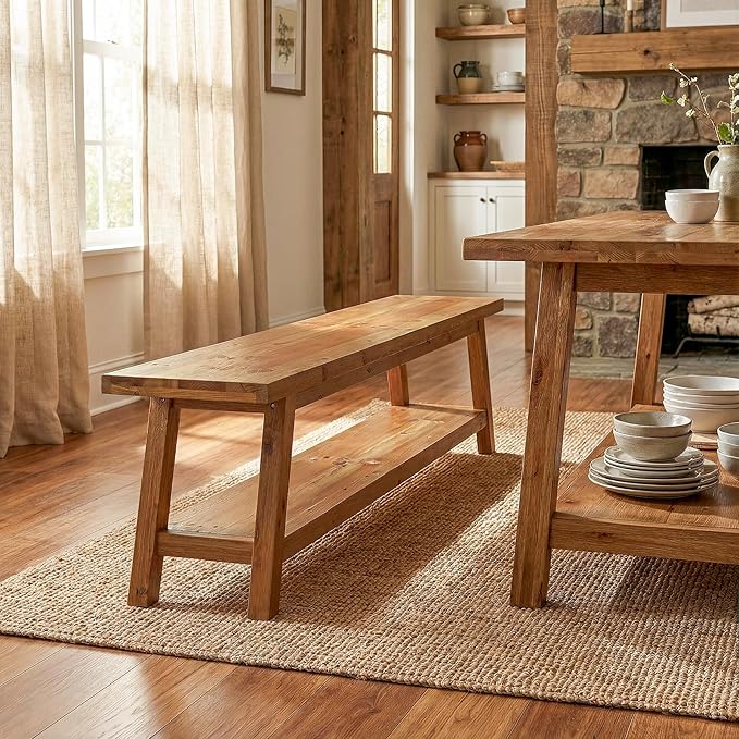 63” Wood Dining Room Bench, Farmhouse Kitchen Bench with Storage Shelf, Solid Wood Rusit Backless Bench for Dining Table, Extra Long Seating for Kitchen Room