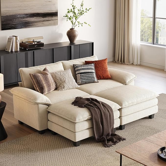 LINSY HOME 90" Modular Cloud Love Seat Sofa, Corduroy Soft Sectional Couch, Modern Comfy Love Seat with 2 Movable Ottoman, Perfect for Living Room, Apartment, Office, Beige