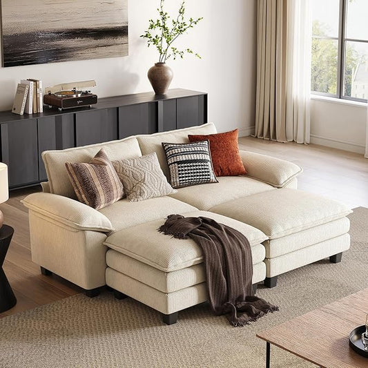LINSY HOME 90" Modular Cloud Love Seat Sofa, Corduroy Soft Sectional Couch, Modern Comfy Love Seat with 2 Movable Ottoman, Perfect for Living Room, Apartment, Office, Beige
