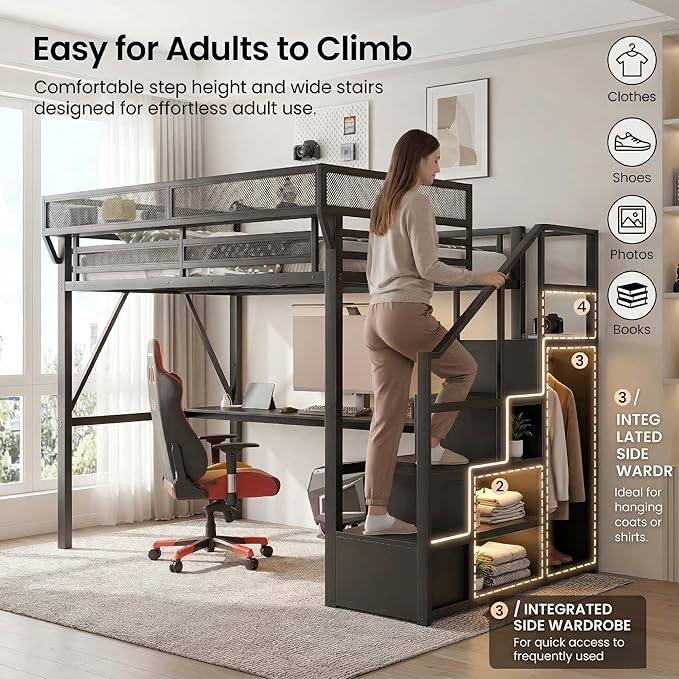 Mirightone Queen Size Loft Bed with Desk and Light, Metal Loft Bed Frame with Stairs and Bedside Shelf, Tall Lofts Beds with Storage Shelves and Wardrobe for Adults Studio Apartment, Black