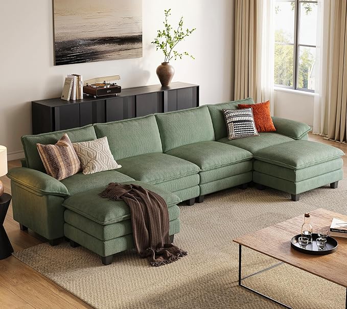 LINSY HOME 157" Modular U-Shaped Sectional Sofa, 4-Seat Corduroy Modern Cloud Couch with Deep Seat & 2 Movable Ottoman, Perfect for Living Room, Office, Bedroom, Green