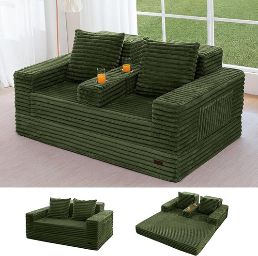 MAXYOYO Loveseat Sofa Bed, Striped Faux Fur Foldable Floor Sofa Couch in A Box, 4 in 1 Convertible Boneless Couch with 2 Cup Holders, Folding Recliner Sleeper Chair, No Assembly Required, Pine Green