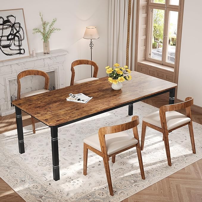 Garvee Large Dining Table for 6-8 People, 71" Wooden Kitchen Table with Sturdy Metal Frame, Dining Room Table for Dining Room, Kitchen, Black Leg & Retro