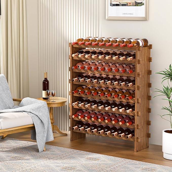 VASMIA Bamboo Stackable Wine Rack,72 Bottles Wine Rack Freestanding Floor,No Tools Assembly,8-Tier Display Wine Storage Shelf for Kitchen, Bar, Dining Room,Cellar,Walnut