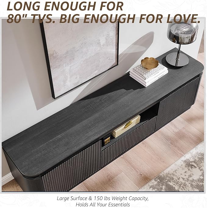 70" Fluted TV Stand for TVs Up to 80", Mid Century Modern Entertainment Center with Drawer, Storage Cabinet, Open Shelf, Wood Low Profile Media TV Console for Livingroom, Black