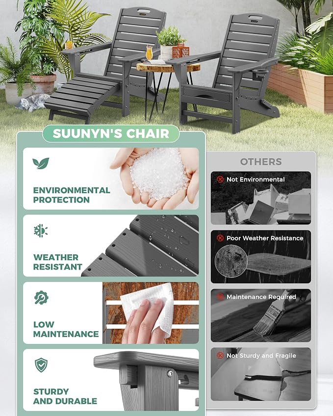 Adjustable Adirondack Chairs Set of 2 with Retractable Ottoman, HDPE Folding Adirondack Chair with Cup Holders, Weather Resistant for Backyard, Poolside & Fire Pit (Grey)