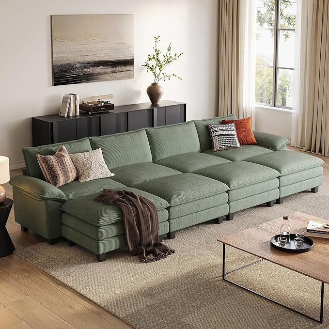 LINSY HOME 157" Modular Sectional Sofa, 4-Seat Corduroy Modern Cloud Couch with Deep Seat & 4 Movable Ottoman, Perfect for Living Room, Office, Bedroom, Green