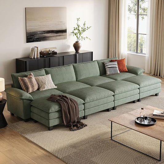 LINSY HOME 157" Modular Sectional Sofa, 4-Seat Corduroy Modern Cloud Couch with Deep Seat & 4 Movable Ottoman, Perfect for Living Room, Office, Bedroom, Green