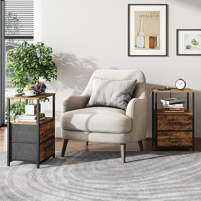 TUTOTAK End Table with Charging Station, Side Table with 2 USB Ports and Outlets, Nightstand with Cloth Drawer, Set of 2, Couch Table, Brown TB01BB052 | with Charging Station