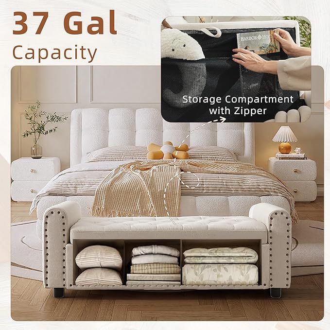 48" Ottoman with Storage, Tufted Storage Ottoman Bench, Convenient Living Room Fabrics Bench Seat, Entryway Shoe Benches with Inner Zipper & Arm, Upholstered Window Seat Ottomans with Rivets, Beige