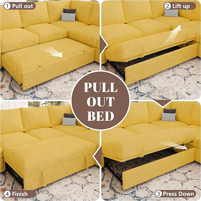 85 Inch Modular Sectional Sofa with Pull Out Bed, L Shaped 5 Seat Sectional Sleeper Sofa with Storage, Sectional Couches for Living Room, Cloud Modular Couch,Removable Sofa Cover,Yellow