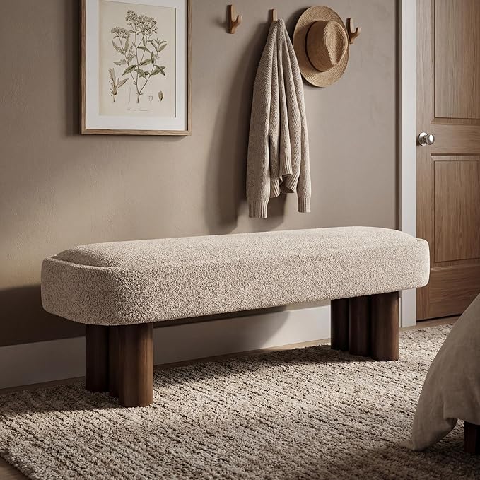 Christopher Knight Home Damas 60.04" Fabric Upholstered Dining Bench, Wooden Entryway Bench, Long Sofa Footstool for Living Room, Bedroom End of Bed Bench, Khaki+Walnut