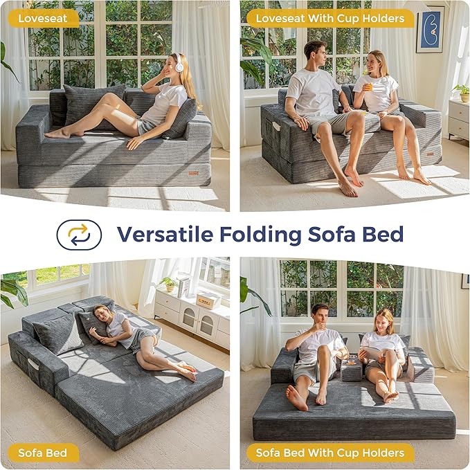 MAXYOYO Loveseat Sofa Bed, 64" Foldable Floor Sofa Couch in A Box with 2 Cup Holders, 4 in 1 Convertible Boneless Couch Folding Recliner Sleeper Chair for Living Room,Charcoal Grey